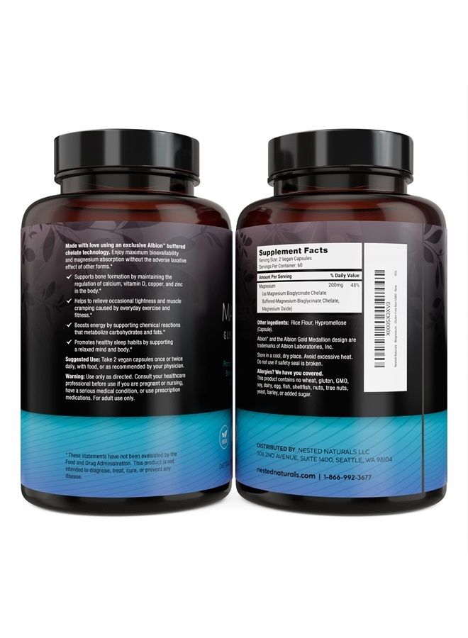 Nested Naturals – Magnesium Glycinate Chelate Supplement 200mg Per Serving High Absorption Vegan Capsules for Muscle Leg Cramps Stress Relief Bedtime Ease – 100% Chelated TRACCS Buffered Gluten-Free N - Image 5