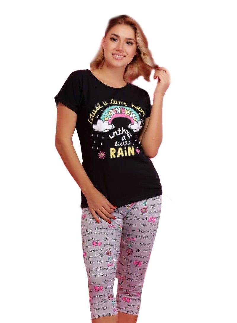 جنة بيجامة نوم نسائية باكمام قصيره وبنطلون برمودا مصنوعة من القطن