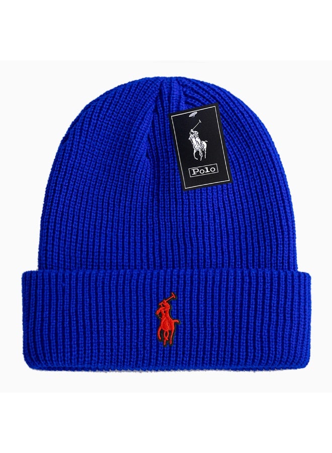 Polo Ralph Lauren Royal Blue Ribbed Knit Cuff Beanie with Red Embroidered Pony Logo