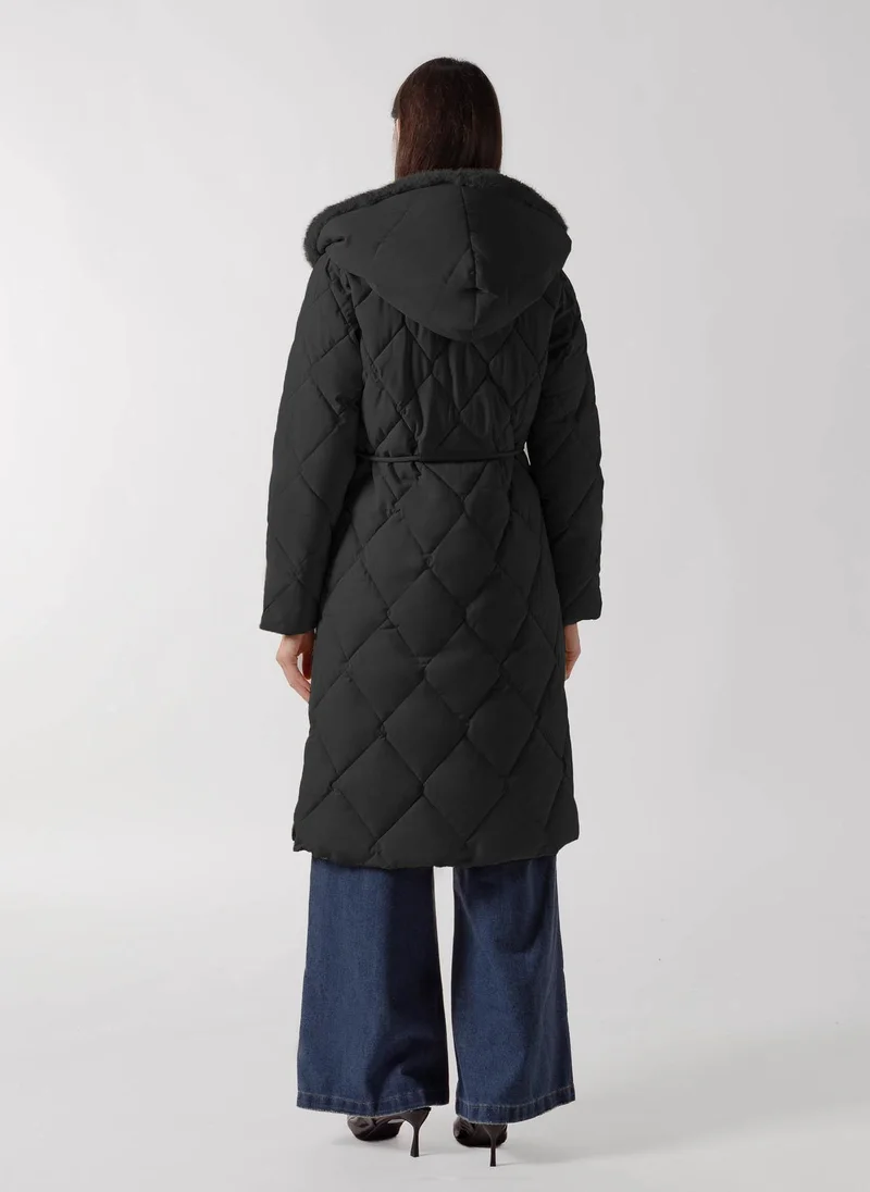 Shapes BLACK HOODED PLUSH FUR PUFFER JACKET for Women | Best Price UAE