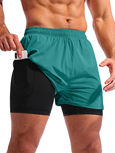 Pudolla Men’s 2 in 1 Running Shorts 5" Quick Dry Gym Athletic Workout Shorts for Men with Phone Pockets(Forest Green Large) - Image 1
