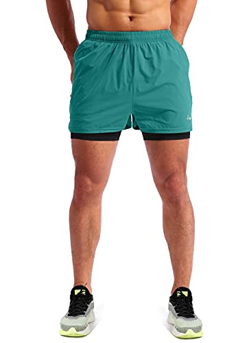 Pudolla Men’s 2 in 1 Running Shorts 5" Quick Dry Gym Athletic Workout Shorts for Men with Phone Pockets(Forest Green Large) - Image 2