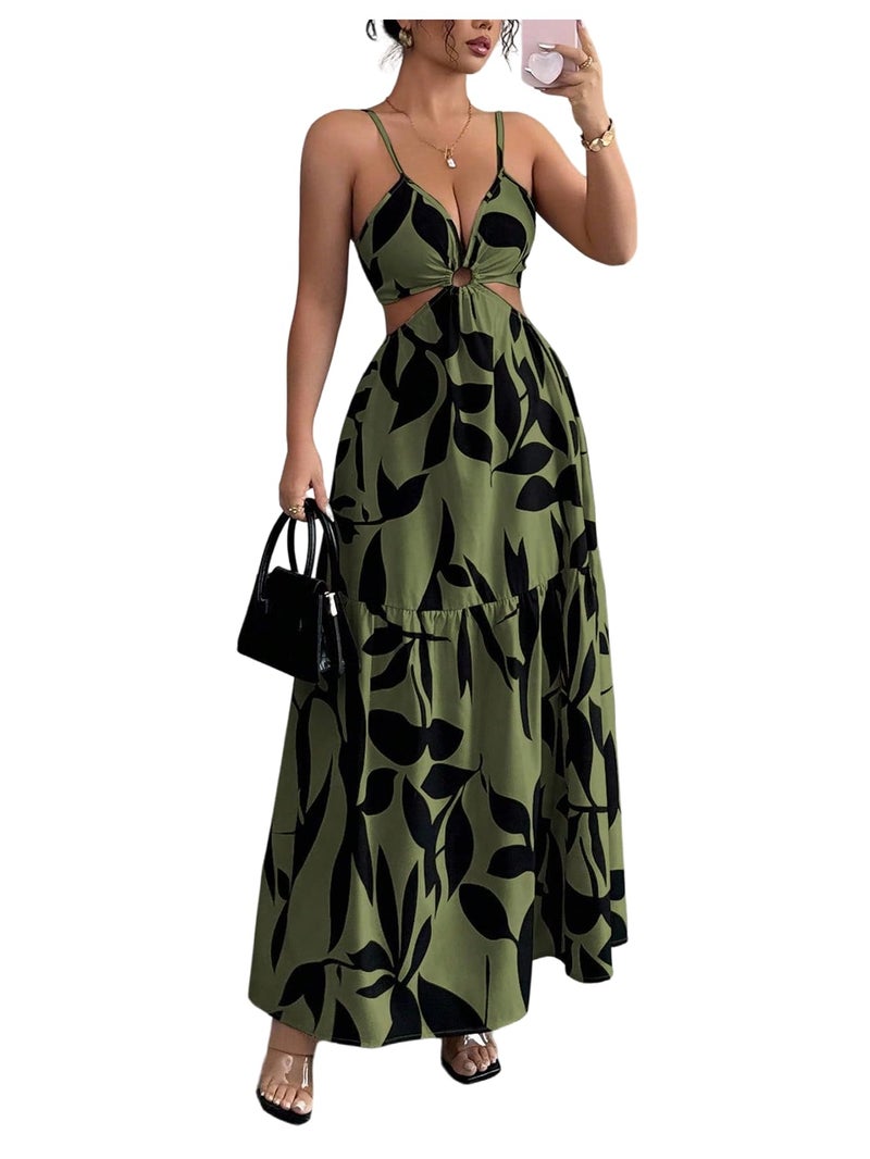 Floerns Women's Cut Out Tie Back Boho Maxi Dress Spaghetti Strap Beach Vacation Tiered Long Dresses Army Green Small - Image 1