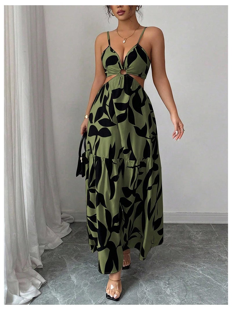 Floerns Women's Cut Out Tie Back Boho Maxi Dress Spaghetti Strap Beach Vacation Tiered Long Dresses Army Green Small - Image 2