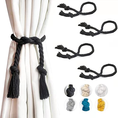 Yteseery 4 Pack Curtain Ties, Outdoor Curtain Tiebacks Rope for Patio Gazebo Pergola Cabana, Natural Cotton Curtain Holders, Village Rural Rustic Farmhouse Curtain Holdbacks for Drapery, Black - Image 1