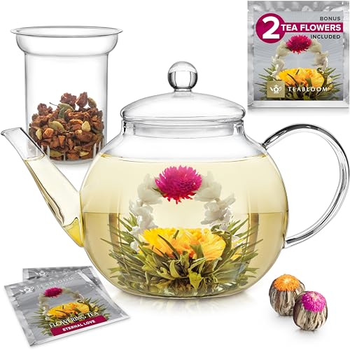Teabloom Stovetop & Microwave Safe Glass Teapot with Removable Loose Tea Glass Infuser – Includes 2 Blooming Teas – 2-in-1 Tea Kettle and Tea Maker – Tea Purist's Choice - Image 1