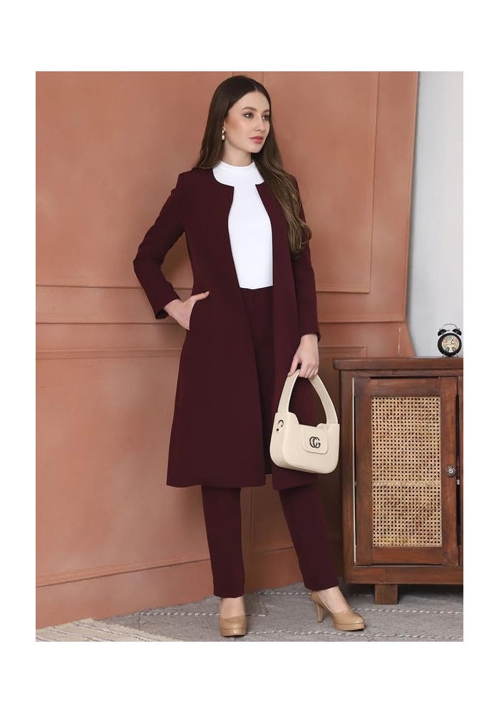 Exude Wine Long Blazer & Trouser Set for Women - Image 3