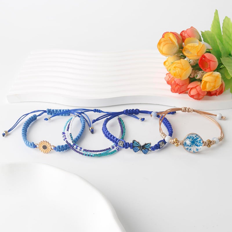DS 4PCS String Bracelets for Teen Girls Handmade Sunflower Butterfly Eternal flowers Braided Rope Charms Boho Surfer Friendship Bracelet for Women Adjustable beaded bracelet birthday Gift For Friends - Image 2