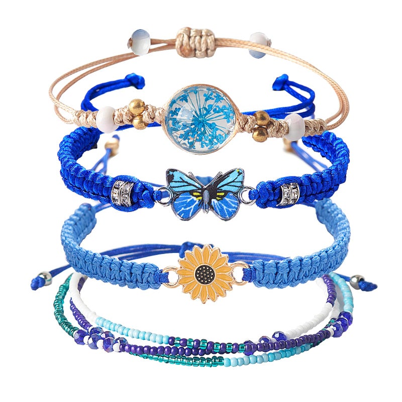 DS 4PCS String Bracelets for Teen Girls Handmade Sunflower Butterfly Eternal flowers Braided Rope Charms Boho Surfer Friendship Bracelet for Women Adjustable beaded bracelet birthday Gift For Friends - Image 1