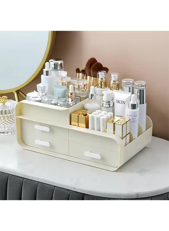 House of Quirk Makeup Organiser Cosmetic Storage Box, Make up Organizer Dressing Table Plastic Cosmetics Holder with Drawer (Beige) - Image 1