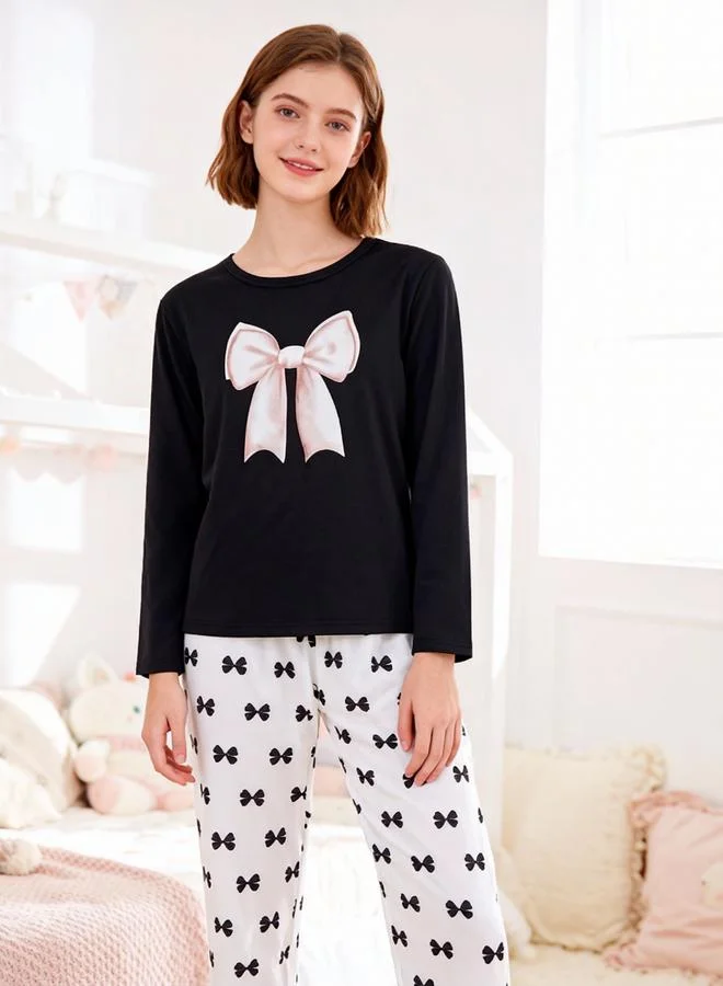 Take Two  Girls Bow Print Long Sleeve Top And Pyjama Set for Women | Best Price UAE