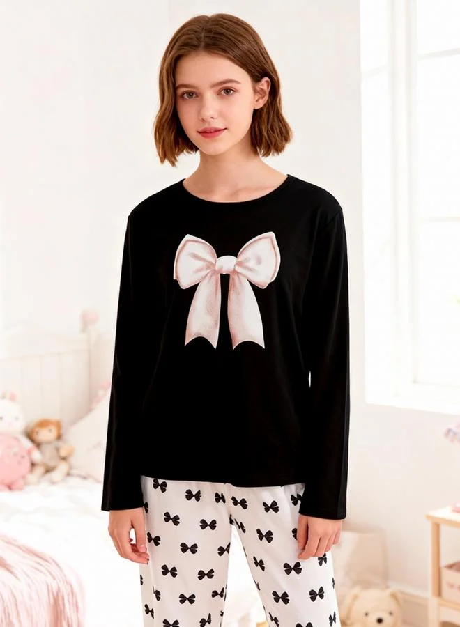 Take Two  Girls Bow Print Long Sleeve Top And Pyjama Set for Women | Best Price UAE
