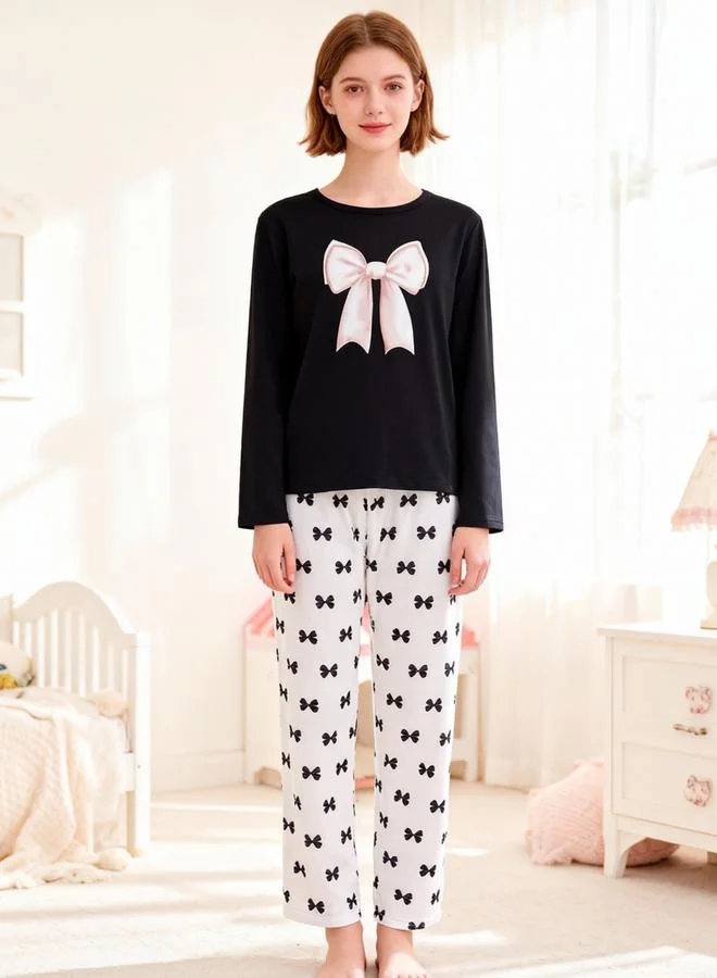 Take Two  Girls Bow Print Long Sleeve Top And Pyjama Set for Women | Best Price UAE