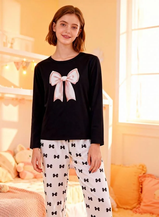 Take Two  Girls Bow Print Long Sleeve Top And Pyjama Set for Women | Best Price UAE