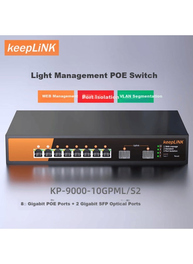 Keeplink Kp-9000-10gpml/s2-ac Light Managed Poe Switch 10-port Full Gigabit Surveillance Camera Power Unit - Image 1