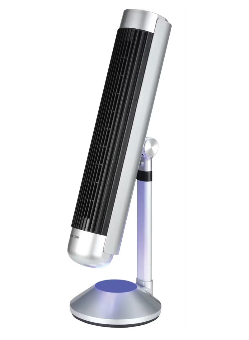 Green Lion Breeze Tower Fan with 6 Speed Fan, 5 Mode Light, 50W Power, 9 Hour Timer, Adjustable Height, Remote Control, Turbine Air Duct & Bladeless Motor, Noise Reduction, Power Cable - Silver - Image 1