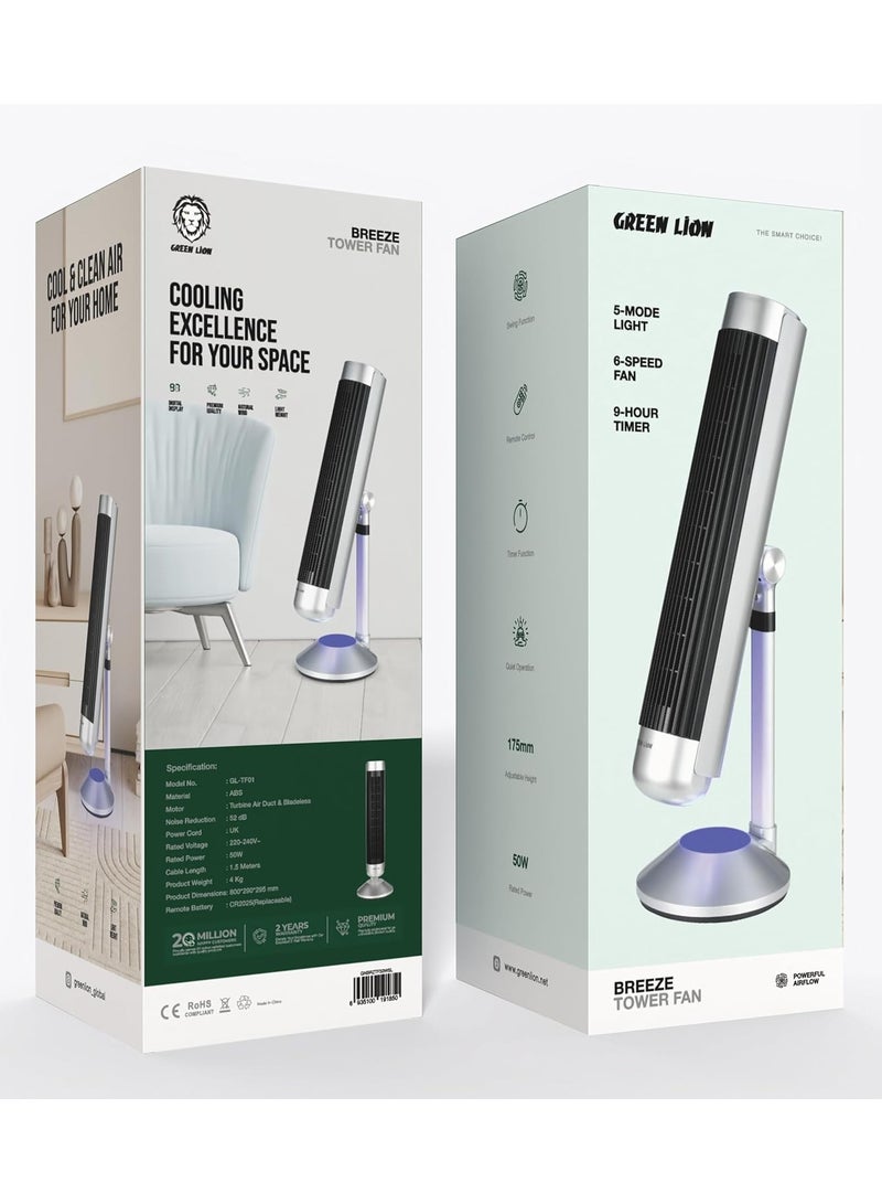 Green Lion Breeze Tower Fan with 6 Speed Fan, 5 Mode Light, 50W Power, 9 Hour Timer, Adjustable Height, Remote Control, Turbine Air Duct & Bladeless Motor, Noise Reduction, Power Cable - Silver - Image 2
