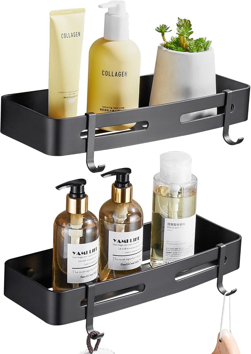 RECLUSE Pack of 2 Rectangle Alluminum Bathroom Shelf with Hooks Wall Mounting No Drilling Self Adhesive Shower Shelf Alloy Bathroom Shower Caddy for Shampoo Kitchen Bottles Storage Organizer (Black) - Image 1