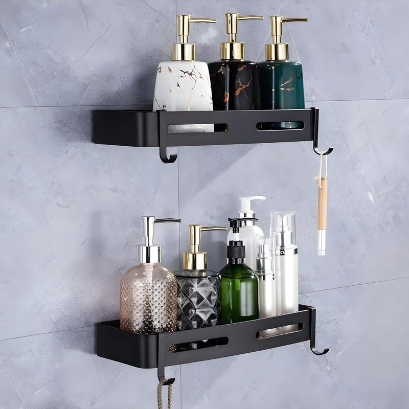 RECLUSE Pack of 2 Rectangle Alluminum Bathroom Shelf with Hooks Wall Mounting No Drilling Self Adhesive Shower Shelf Alloy Bathroom Shower Caddy for Shampoo Kitchen Bottles Storage Organizer (Black) - Image 5