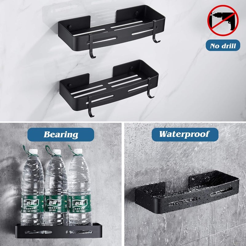 RECLUSE Pack of 2 Rectangle Alluminum Bathroom Shelf with Hooks Wall Mounting No Drilling Self Adhesive Shower Shelf Alloy Bathroom Shower Caddy for Shampoo Kitchen Bottles Storage Organizer (Black) - Image 3