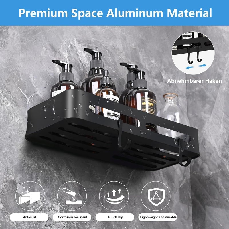 RECLUSE Pack of 2 Rectangle Alluminum Bathroom Shelf with Hooks Wall Mounting No Drilling Self Adhesive Shower Shelf Alloy Bathroom Shower Caddy for Shampoo Kitchen Bottles Storage Organizer (Black) - Image 2
