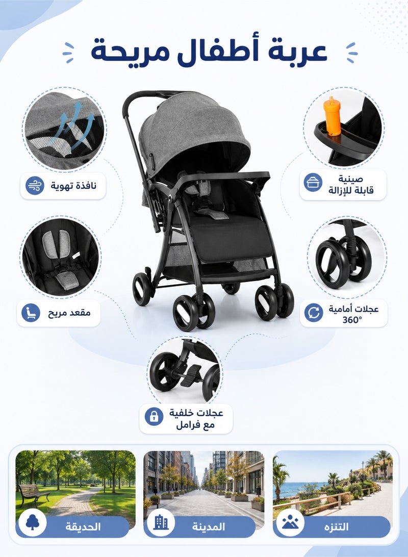 hibobi Stroller for Travel,Parent-Facing & Forward-Facing,Adjustable Backrest & Reclining Seat,One-Hand Fold Design,Removable & Washable Seat Cushion,5-Point Safety Harness,Lightweight & Compact for Easy Travel - Image 2