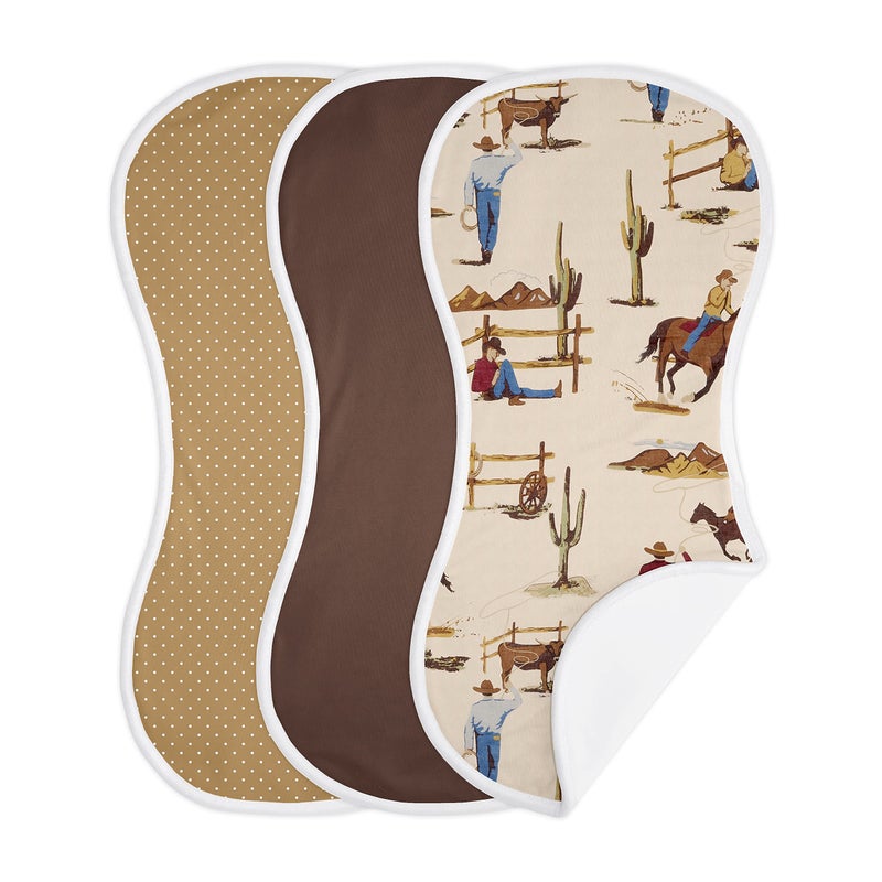 Sweet Jojo Designs Sweet Jojo Designs Western Cowboy Baby Boy Absorbent Burp Cloths for Infant Newborn  Red Blue Tan Chocolate Brown and White Wild West Southern Country Horse  3 Pack Set of Dribble Drool Cloths 