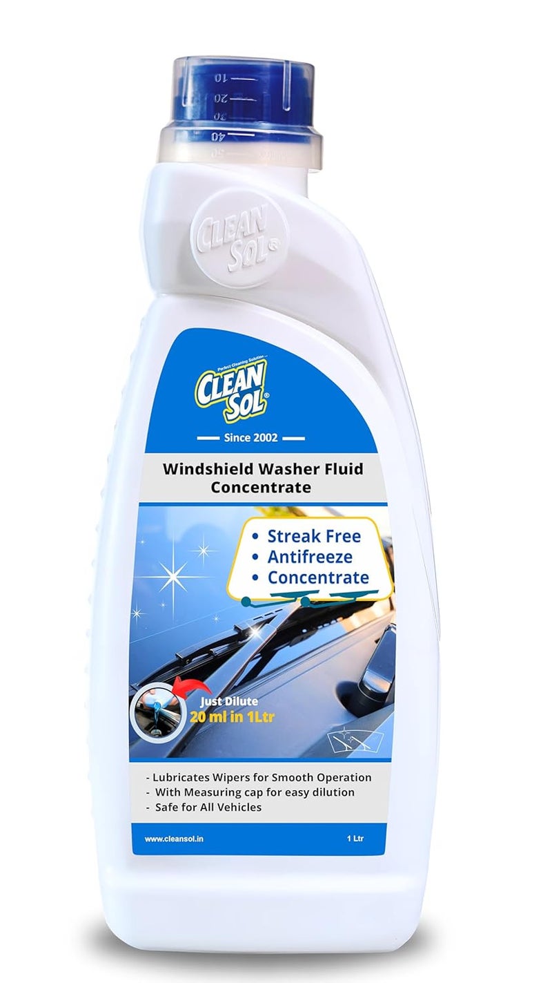 Cleansol سائل تنظيف زجاج السيارة من كلينسول - 1 لتر | سائل تنظيف زجاج السيارة - 20 مل يصنع 1 لتر | تركيبة مضادة للتجمد | لمعان خالي من الخطوط | يشمل غطاء قياس - Image 1