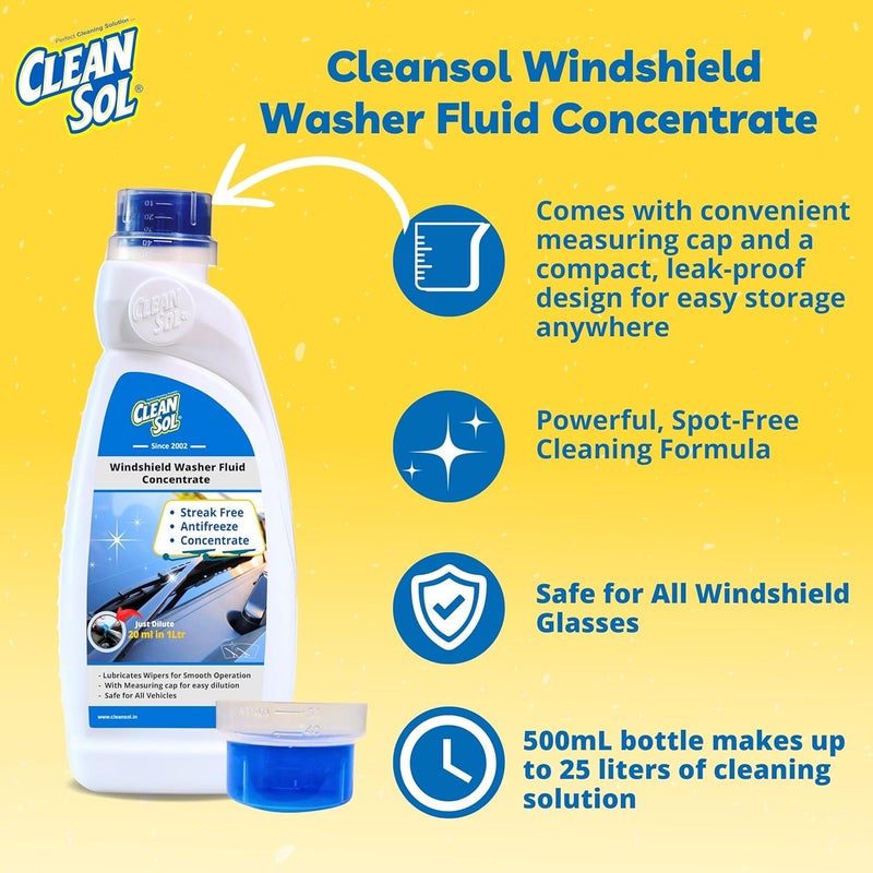 Cleansol سائل تنظيف زجاج السيارة من كلينسول - 1 لتر | سائل تنظيف زجاج السيارة - 20 مل يصنع 1 لتر | تركيبة مضادة للتجمد | لمعان خالي من الخطوط | يشمل غطاء قياس - Image 3