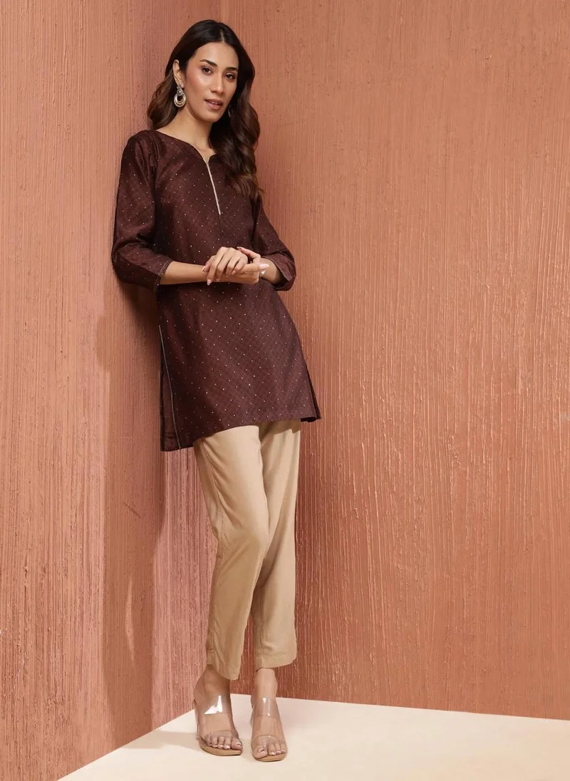 فاب انديا Brown Cotton Silk Hand Block Printed Short Kurta