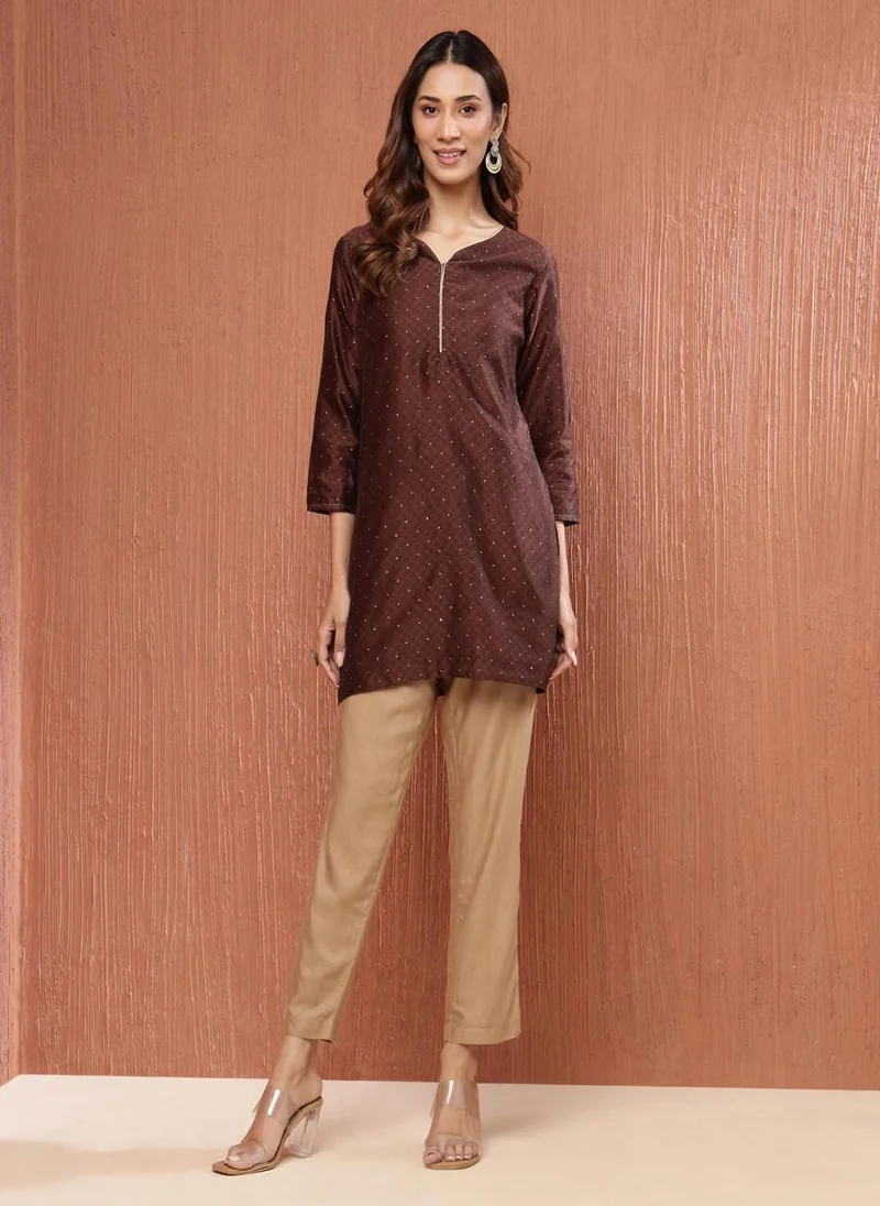 فاب انديا Brown Cotton Silk Hand Block Printed Short Kurta