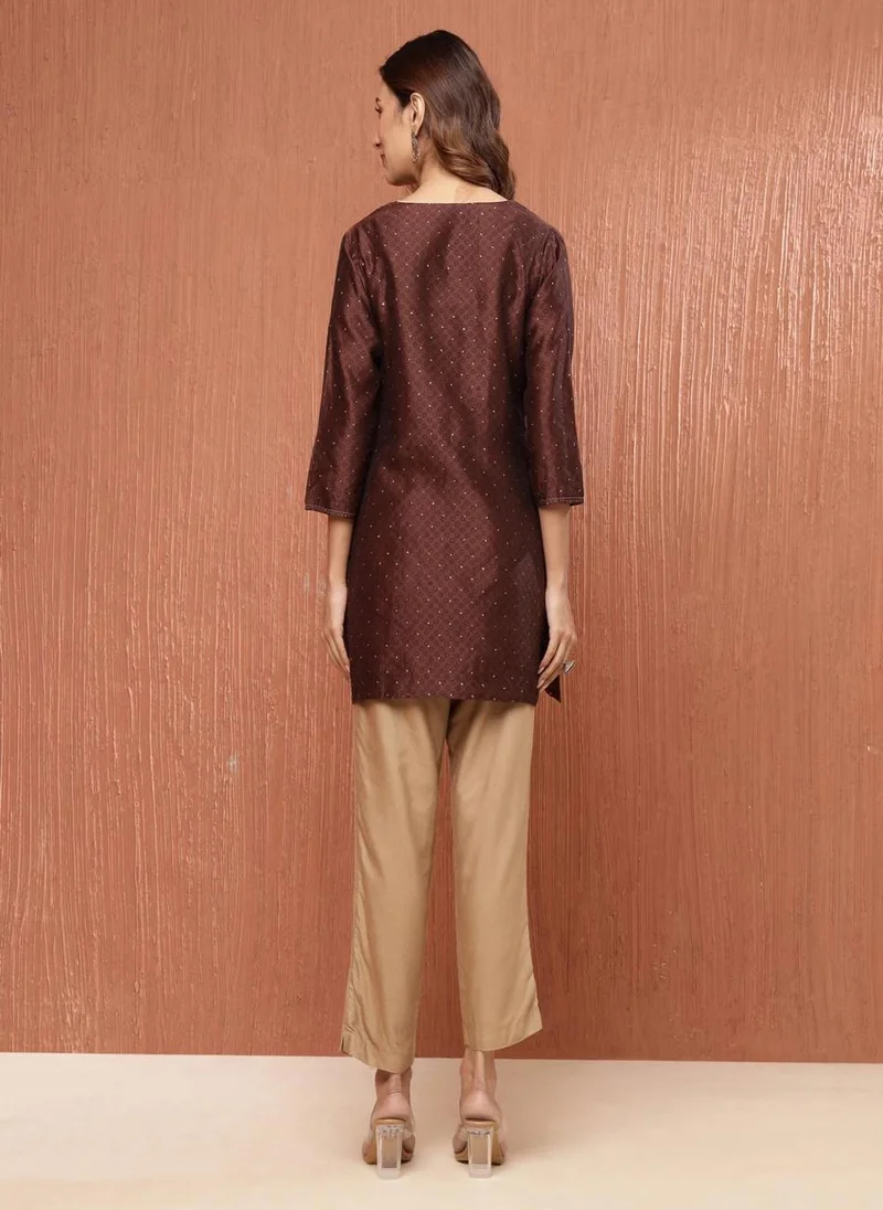 Fabindia Brown Cotton Silk Hand Block Printed Short Kurta