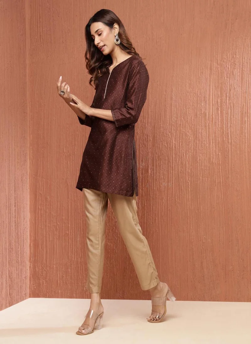 Fabindia Brown Cotton Silk Hand Block Printed Short Kurta