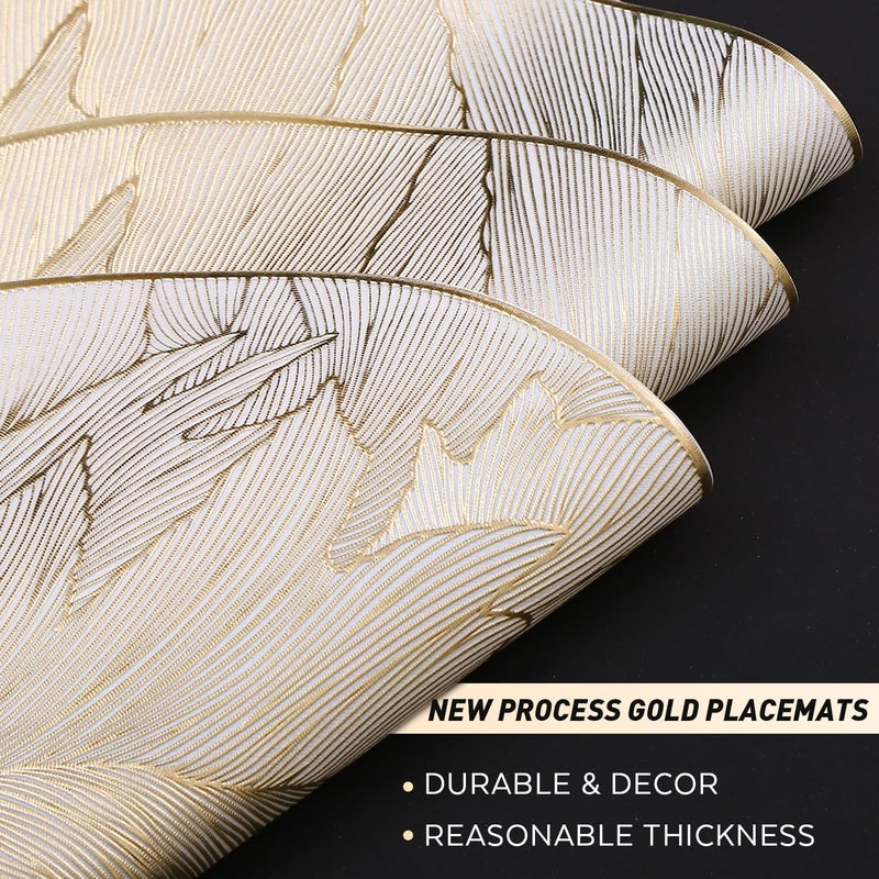 FAVE 6PCS Round Placemats Feather Pressed Vinyl Placemats Set of 6 Slip Resistant Table Mats Wipeable Gold Placemats for Wedding, Banquet, Birthday, Party, Restaurant Decorations(15IN,Feather) - Image 2