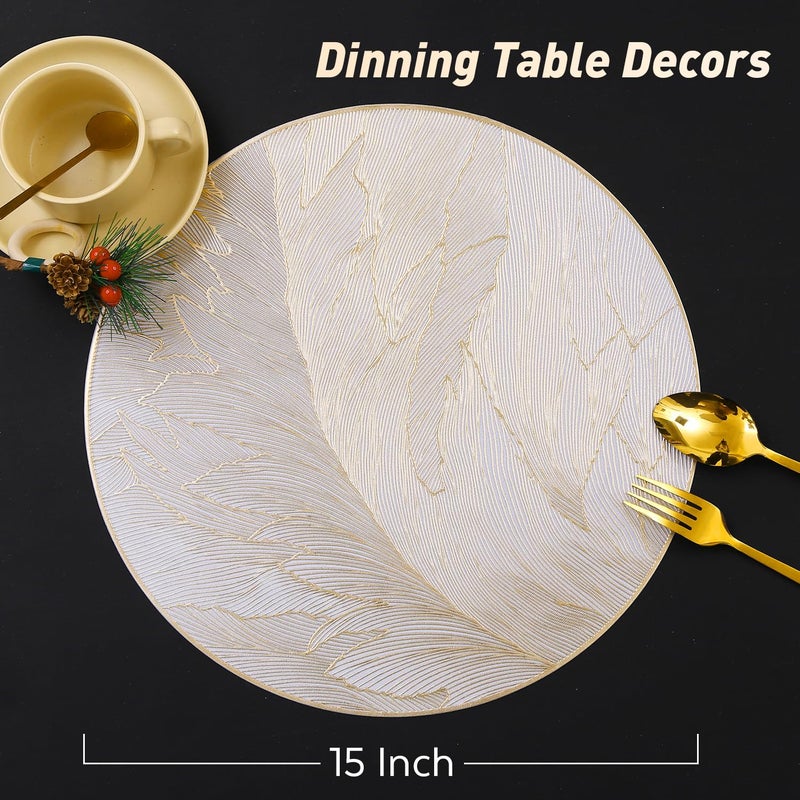 FAVE 6PCS Round Placemats Feather Pressed Vinyl Placemats Set of 6 Slip Resistant Table Mats Wipeable Gold Placemats for Wedding, Banquet, Birthday, Party, Restaurant Decorations(15IN,Feather) - Image 5
