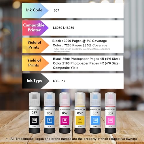 Ravaria 057 Refill Ink for Epson L8050, L18050 Printer - Compatible Ink Bottle for 057 Ink Code for Epson Inktank Printer (057 Ink Full Color Set 6 Color) - Image 2