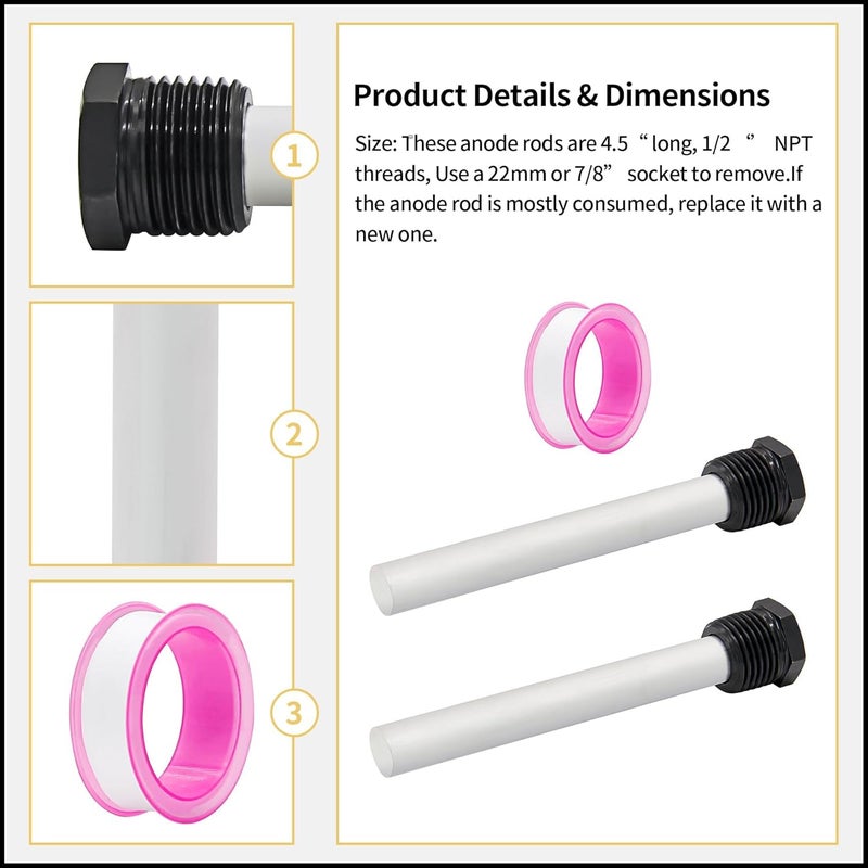 yrjns RV Water Heater Anode Rods, Magnesium Anode Rod for RV hot Water heaters Replace for Suburban Water Heaters Suburban & Morflo - 9.25''Long & 3/4'' Thread - Image 2