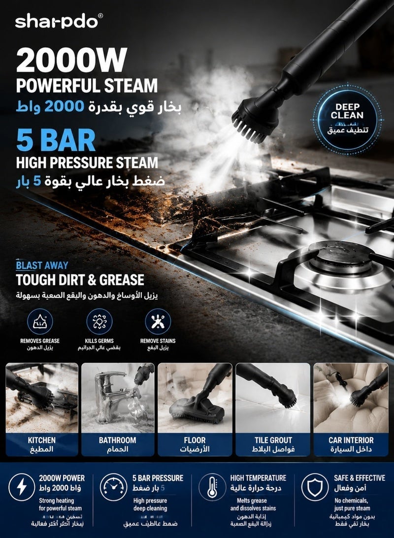 Sharpdo 2000W Handheld Steam Cleaner, Multi-Purpose Mop,5 Bar High Pressure Steam Cleaning Machine, 2L Large Water Tank, Quick Heating Chemical-Free Deep Clean Steam Cleaner with 18 Accessories, Multifunctional for Floor, Kitchen, Bathroom, Furniture, Window, Car Interior Household Cleaning - Image 5