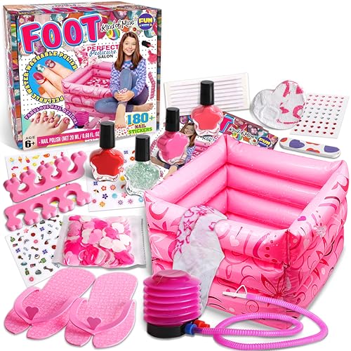FUN KIDZ Kid Foot Spa Kit, Funkidz Pedicure Set for Girls Ages 7-12 Box Includes Bigger Inflatable Durable Foot Tub Inflator Pump Peelable Nail Polish Supplies For Sleepover Slumber Party Kit Gift - Image 1
