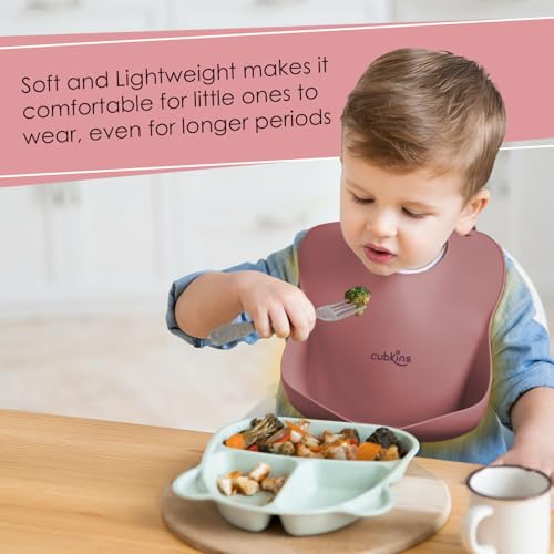 CUBKINS Soft Silicone Baby Bib for Feeding & Weaning Babies, Toddlers | Washable & Reusable, Non-Messy Easy to Clean, No Bad Odour, Adjustable Neck Band with Buttons (Raspberry) - Image 2