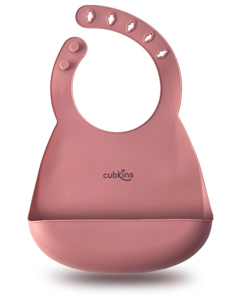 CUBKINS Soft Silicone Baby Bib for Feeding & Weaning Babies, Toddlers | Washable & Reusable, Non-Messy Easy to Clean, No Bad Odour, Adjustable Neck Band with Buttons (Raspberry) - Image 1
