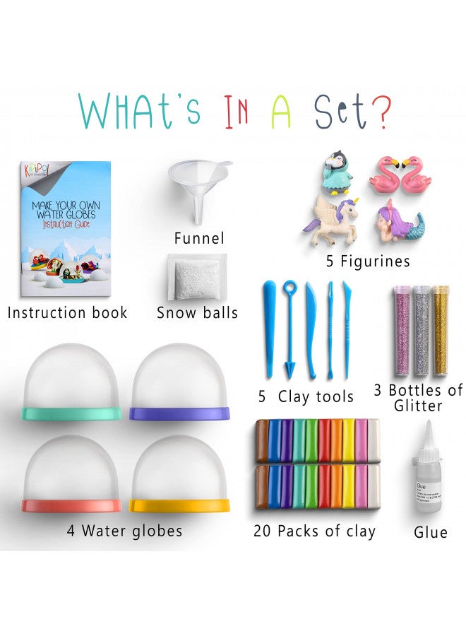 Kipipol Snow Globe Making Kit for Kids - Make Your Own Snow Globes for Girls w/ 4 DIY Snowglobe, 5 Figures, 20 Packs of Modeling Clay for Kids for Sculpting - Arts and Crafts for Girls & Boys 8-12-4-8 - Image 1