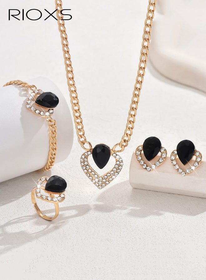 RIOXS 4Pcs Prom Heart Jewelry Set for Women, Cubic Zirconia Heart Pendant Dangle Necklace Ring Bracelet and Earrings, Dainty Jewelry Gift for Party Birthday Valentines Mothers Day - Image 2