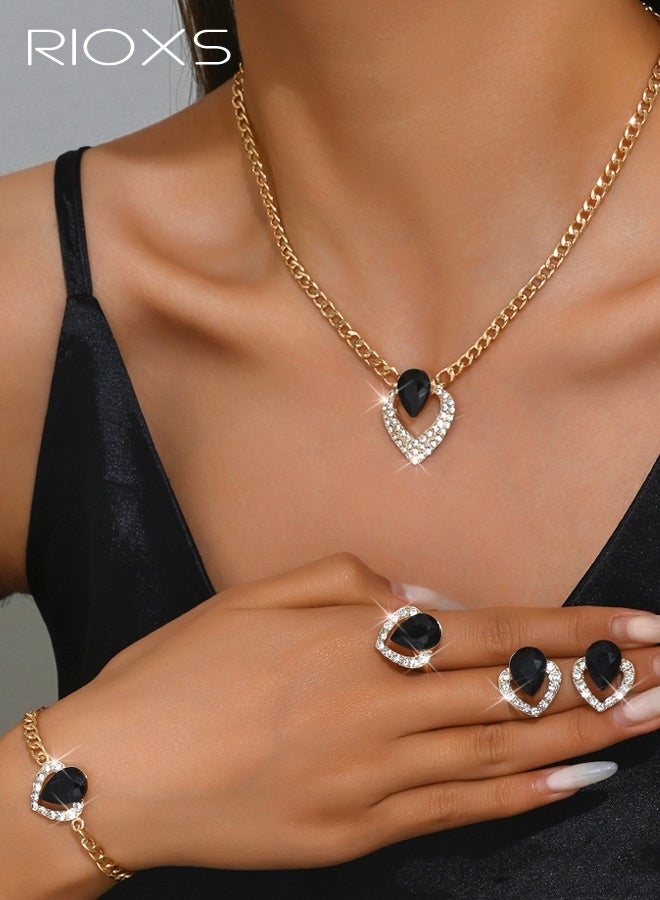 RIOXS 4Pcs Prom Heart Jewelry Set for Women, Cubic Zirconia Heart Pendant Dangle Necklace Ring Bracelet and Earrings, Dainty Jewelry Gift for Party Birthday Valentines Mothers Day - Image 1