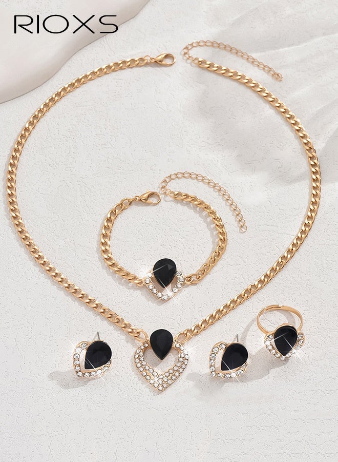 RIOXS 4Pcs Prom Heart Jewelry Set for Women, Cubic Zirconia Heart Pendant Dangle Necklace Ring Bracelet and Earrings, Dainty Jewelry Gift for Party Birthday Valentines Mothers Day - Image 3