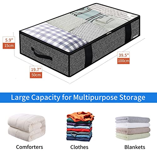 Onlyeasy Foldable Underbed Bags - 2 Pack Blankets Clothes Comforters Storage Bag Breathable Zippered Organizer for Bedroom with Clear Window and 4 Handles, 100 x50 x15cm, Linen-Like Black, MXAUBBP2 - Image 2