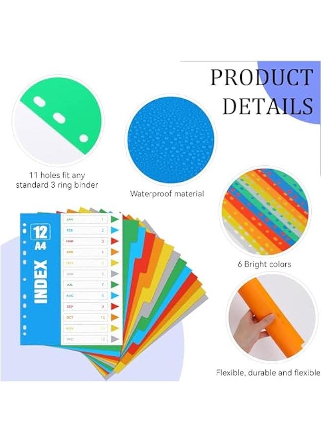 MOXO - 12  3 Ring Binder Dividers, Assorted Color Folder Dividers with 11 Hole for 3 Ring Binder, Thick Plastic File Tabs Binder Dividers for 234611 Ring Binders, 11.6 X 8.7 Inch6 Colors - Image 1