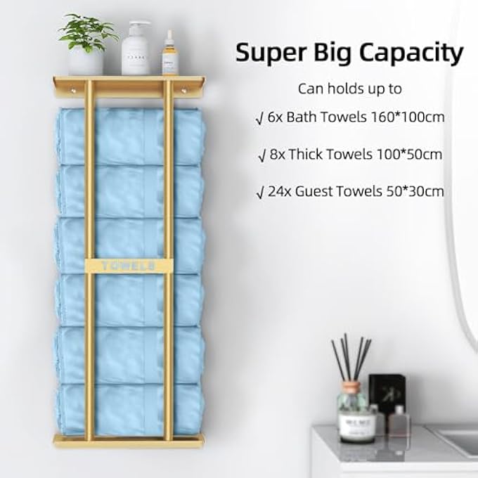 رف تخزين مناشف الحمام، رفوف مناشف مقاس 30 بوصة مثبتة على الحائط مع رف، يمكن أن تستوعب 6 مناشف كبيرة، رف مناشف حائط للمناشف الملفوفة باللون الذهبي - Image 4