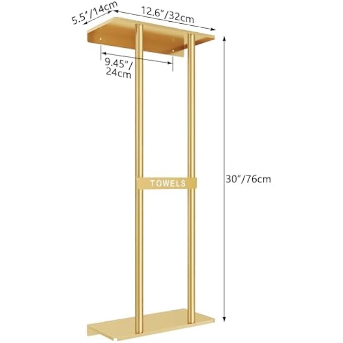 رف تخزين مناشف الحمام، رفوف مناشف مقاس 30 بوصة مثبتة على الحائط مع رف، يمكن أن تستوعب 6 مناشف كبيرة، رف مناشف حائط للمناشف الملفوفة باللون الذهبي - Image 2