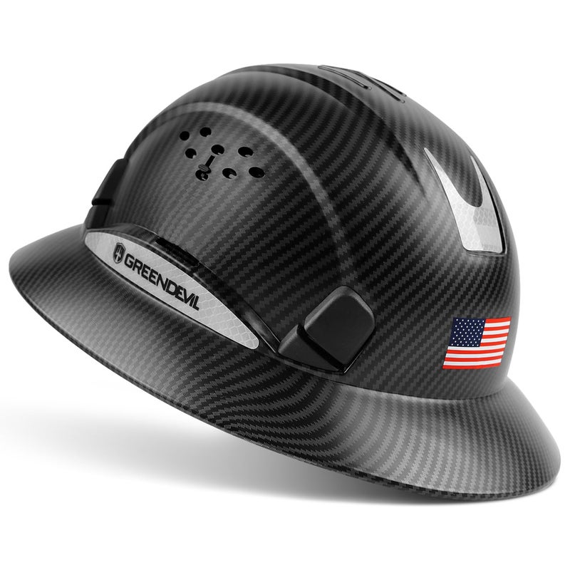 GREEN DEVIL Full Brim Hard Hat Vented Construction Safety Helmet OSHA Approved Cascos De Construccion Work Hardhat for MenWomen 6 Point Adjustable Ratchet Suspension Custom Pattern Design